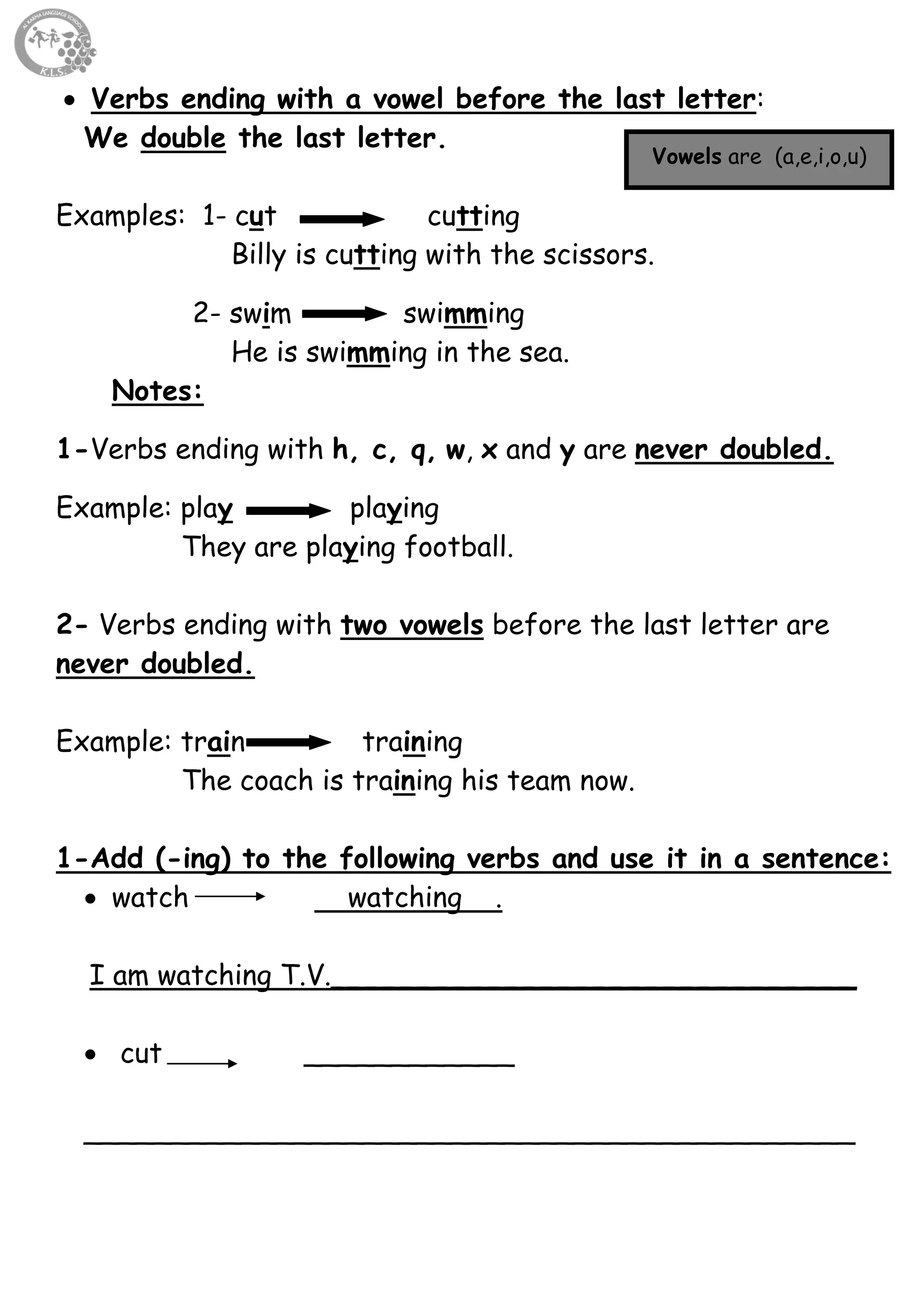 5
 Verbs ending with a vowel before the last letter:
We double the last letter.
Examples: 1- cut cutting
Billy is cutting with the scissors.
2- swim swimming
He is swimming in the sea.
Notes:
1-Verbs ending with h, c, q, w, x and y are never doubled.
Example: play playing
They are playing football.
2- Verbs ending with two vowels before the last letter are
never doubled.
Example: train training
The coach is training his team now.
1-Add (-ing) to the following verbs and use it in a sentence:
 watch watching .
I am watching T.V.______________________________
 cut ____________
____________________________________________
Vowels are (a,e,i,o,u)
 