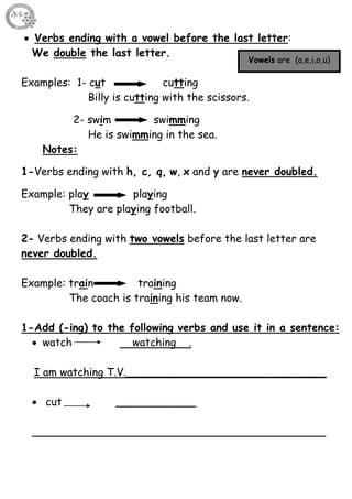 5
 Verbs ending with a vowel before the last letter:
We double the last letter.
Examples: 1- cut cutting
Billy is cutting with the scissors.
2- swim swimming
He is swimming in the sea.
Notes:
1-Verbs ending with h, c, q, w, x and y are never doubled.
Example: play playing
They are playing football.
2- Verbs ending with two vowels before the last letter are
never doubled.
Example: train training
The coach is training his team now.
1-Add (-ing) to the following verbs and use it in a sentence:
 watch watching .
I am watching T.V.______________________________
 cut ____________
____________________________________________
Vowels are (a,e,i,o,u)
 
