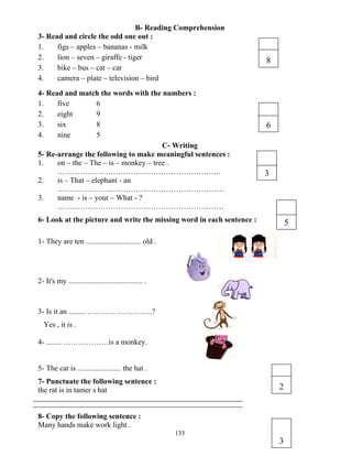 133
B- Reading Comprehension
3- Read and circle the odd one out :
1. figs – apples – bananas - milk
2. lion – seven – giraffe - tiger
3. bike – bus – cat – car
4. camera – plate – television – bird
4- Read and match the words with the numbers :
1. five 6
2. eight 9
3. six 8
4. nine 5
C- Writing
5- Re-arrange the following to make meaningful sentences :
1. on – the – The – is – monkey – tree .
………………………………………………………..
2. is – That – elephant - an
…………………………………………………………
3. name - is – your – What - ?
…………………………………………………………
6- Look at the picture and write the missing word in each sentence :
1- They are ten ............................. old .
2- It's my ....................................... .
3- Is it an ......... ……………………..?
Yes , it is .
4- ........ ………………is a monkey.
5- The cat is ....................... the hat .
7- Punctuate the following sentence :
the rat is in tamer s hat
8- Copy the following sentence :
Many hands make work light .
8
6
3
5
2
3
 