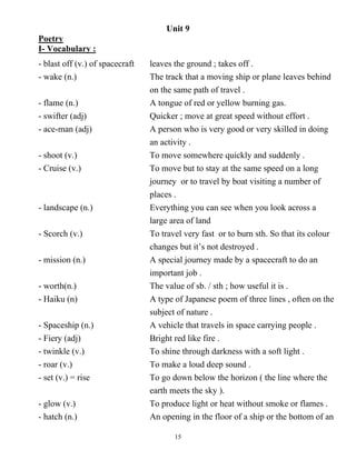 15
Unit 9
Poetry
I- Vocabulary :
- blast off (v.) of spacecraft leaves the ground ; takes off .
- wake (n.) The track that a moving ship or plane leaves behind
on the same path of travel .
- flame (n.) A tongue of red or yellow burning gas.
- swifter (adj) Quicker ; move at great speed without effort .
- ace-man (adj) A person who is very good or very skilled in doing
an activity .
- shoot (v.) To move somewhere quickly and suddenly .
- Cruise (v.) To move but to stay at the same speed on a long
journey or to travel by boat visiting a number of
places .
- landscape (n.) Everything you can see when you look across a
large area of land
- Scorch (v.) To travel very fast or to burn sth. So that its colour
changes but it’s not destroyed .
- mission (n.) A special journey made by a spacecraft to do an
important job .
- worth(n.) The value of sb. / sth ; how useful it is .
- Haiku (n) A type of Japanese poem of three lines , often on the
subject of nature .
- Spaceship (n.) A vehicle that travels in space carrying people .
- Fiery (adj) Bright red like fire .
- twinkle (v.) To shine through darkness with a soft light .
- roar (v.) To make a loud deep sound .
- set (v.) = rise To go down below the horizon ( the line where the
earth meets the sky ).
- glow (v.) To produce light or heat without smoke or flames .
- hatch (n.) An opening in the floor of a ship or the bottom of an
 