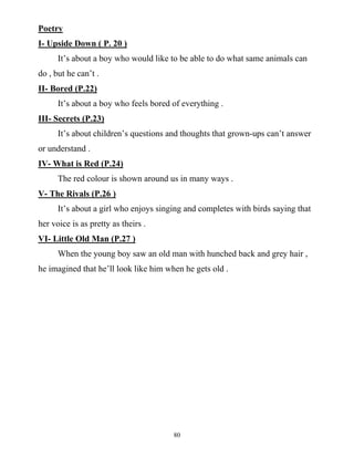 80
Poetry
I- Upside Down ( P. 20 )
It’s about a boy who would like to be able to do what same animals can
do , but he can’t .
II- Bored (P.22)
It’s about a boy who feels bored of everything .
III- Secrets (P.23)
It’s about children’s questions and thoughts that grown-ups can’t answer
or understand .
IV- What is Red (P.24)
The red colour is shown around us in many ways .
V- The Rivals (P.26 )
It’s about a girl who enjoys singing and completes with birds saying that
her voice is as pretty as theirs .
VI- Little Old Man (P.27 )
When the young boy saw an old man with hunched back and grey hair ,
he imagined that he’ll look like him when he gets old .
 
