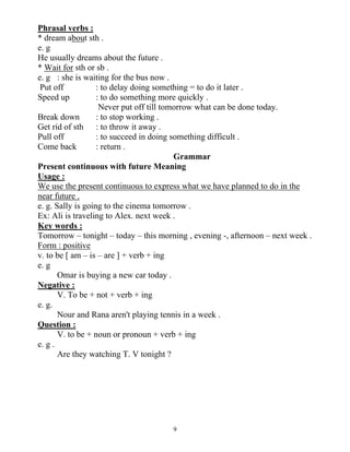 9
Phrasal verbs :
* dream about sth .
e. g
He usually dreams about the future .
* Wait for sth or sb .
e. g : she is waiting for the bus now .
Put off : to delay doing something = to do it later .
Speed up : to do something more quickly .
Never put off till tomorrow what can be done today.
Break down : to stop working .
Get rid of sth : to throw it away .
Pull off : to succeed in doing something difficult .
Come back : return .
Grammar
Present continuous with future Meaning
Usage :
We use the present continuous to express what we have planned to do in the
near future .
e. g. Sally is going to the cinema tomorrow .
Ex: Ali is traveling to Alex. next week .
Key words :
Tomorrow – tonight – today – this morning , evening -, afternoon – next week .
Form : positive
v. to be [ am – is – are ] + verb + ing
e. g
Omar is buying a new car today .
Negative :
V. To be + not + verb + ing
e. g.
Nour and Rana aren't playing tennis in a week .
Question :
V. to be + noun or pronoun + verb + ing
e. g .
Are they watching T. V tonight ?
 