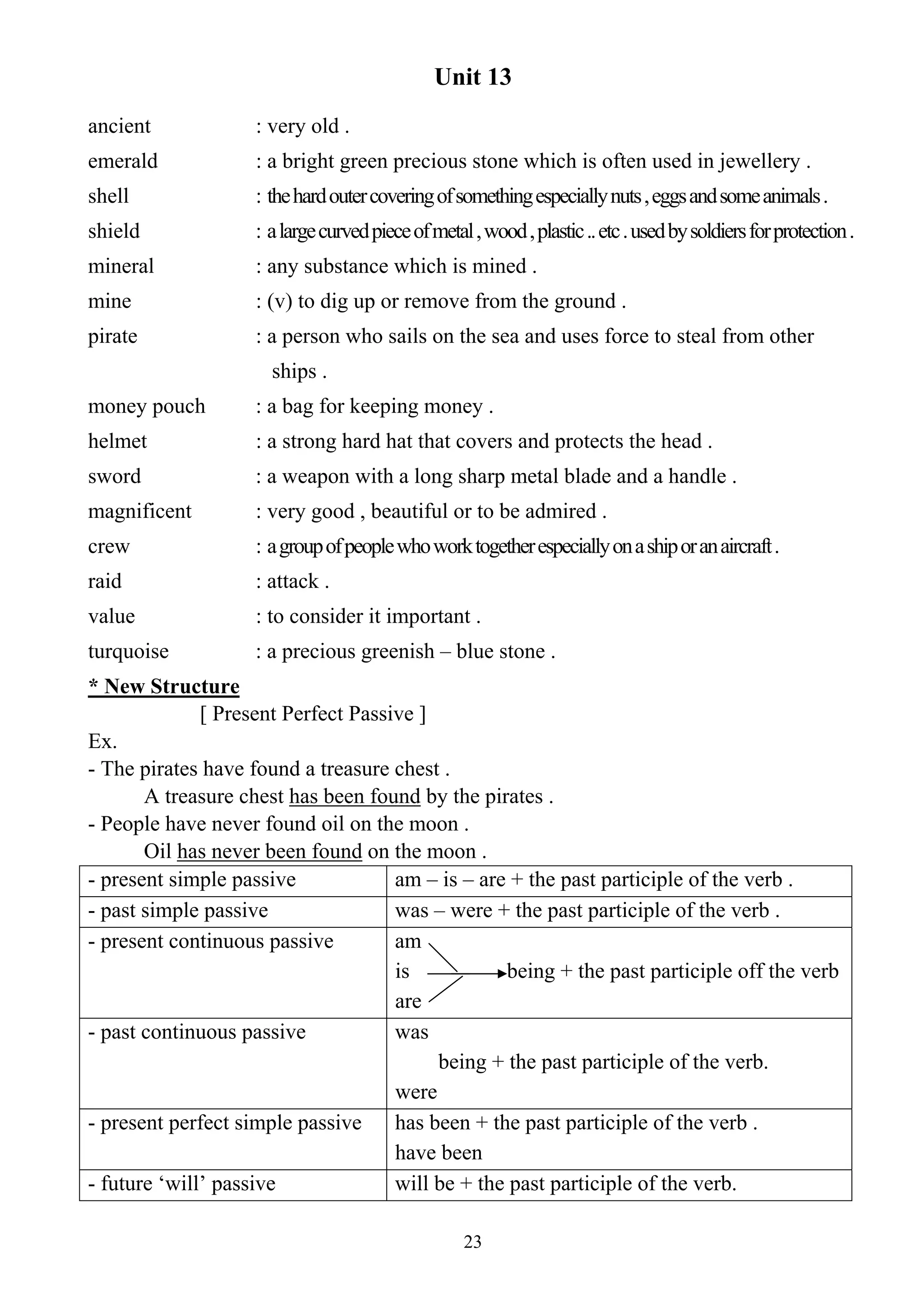 23
Unit 13
ancient : very old .
emerald : a bright green precious stone which is often used in jewellery .
shell : thehardoutercoveringofsomethingespeciallynuts,eggsandsomeanimals.
shield : alargecurvedpieceofmetal,wood,plastic..etc.usedbysoldiersforprotection.
mineral : any substance which is mined .
mine : (v) to dig up or remove from the ground .
pirate : a person who sails on the sea and uses force to steal from other
ships .
money pouch : a bag for keeping money .
helmet : a strong hard hat that covers and protects the head .
sword : a weapon with a long sharp metal blade and a handle .
magnificent : very good , beautiful or to be admired .
crew : agroupofpeoplewhoworktogetherespeciallyonashiporanaircraft.
raid : attack .
value : to consider it important .
turquoise : a precious greenish – blue stone .
* New Structure
[ Present Perfect Passive ]
Ex.
- The pirates have found a treasure chest .
A treasure chest has been found by the pirates .
- People have never found oil on the moon .
Oil has never been found on the moon .
- present simple passive am – is – are + the past participle of the verb .
- past simple passive was – were + the past participle of the verb .
- present continuous passive am
is being + the past participle off the verb
are
- past continuous passive was
being + the past participle of the verb.
were
- present perfect simple passive has been + the past participle of the verb .
have been
- future ‘will’ passive will be + the past participle of the verb.
 