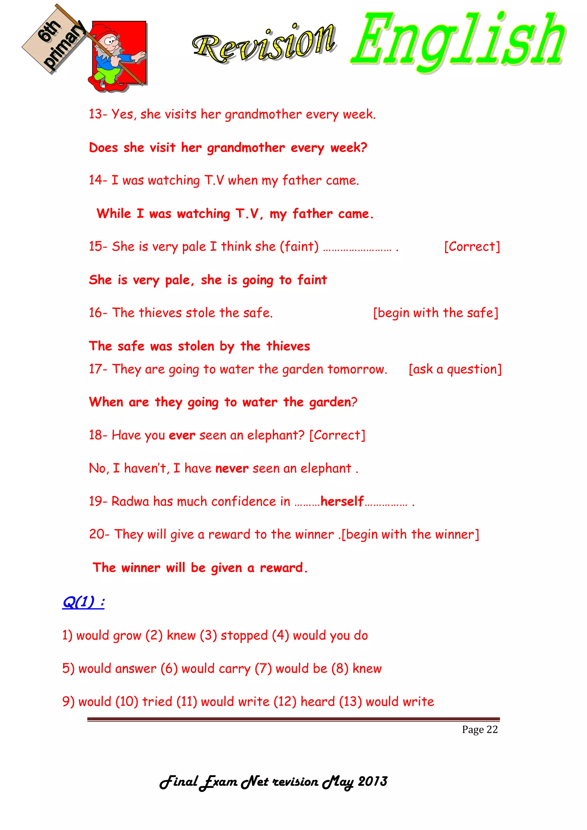 Page 22
Final Exam Net revision May 2013
13- Yes, she visits her grandmother every week.
Does she visit her grandmother every week?
14- I was watching T.V when my father came.
While I was watching T.V, my father came.
15- She is very pale I think she (faint) …………………… . [Correct]
She is very pale, she is going to faint
16- The thieves stole the safe. [begin with the safe]
The safe was stolen by the thieves
17- They are going to water the garden tomorrow. [ask a question]
When are they going to water the garden?
18- Have you ever seen an elephant? [Correct]
No, I haven’t, I have never seen an elephant .
19- Radwa has much confidence in ………herself…………… .
20- They will give a reward to the winner .[begin with the winner]
The winner will be given a reward.
Q(1) :
1) would grow (2) knew (3) stopped (4) would you do
5) would answer (6) would carry (7) would be (8) knew
9) would (10) tried (11) would write (12) heard (13) would write
 