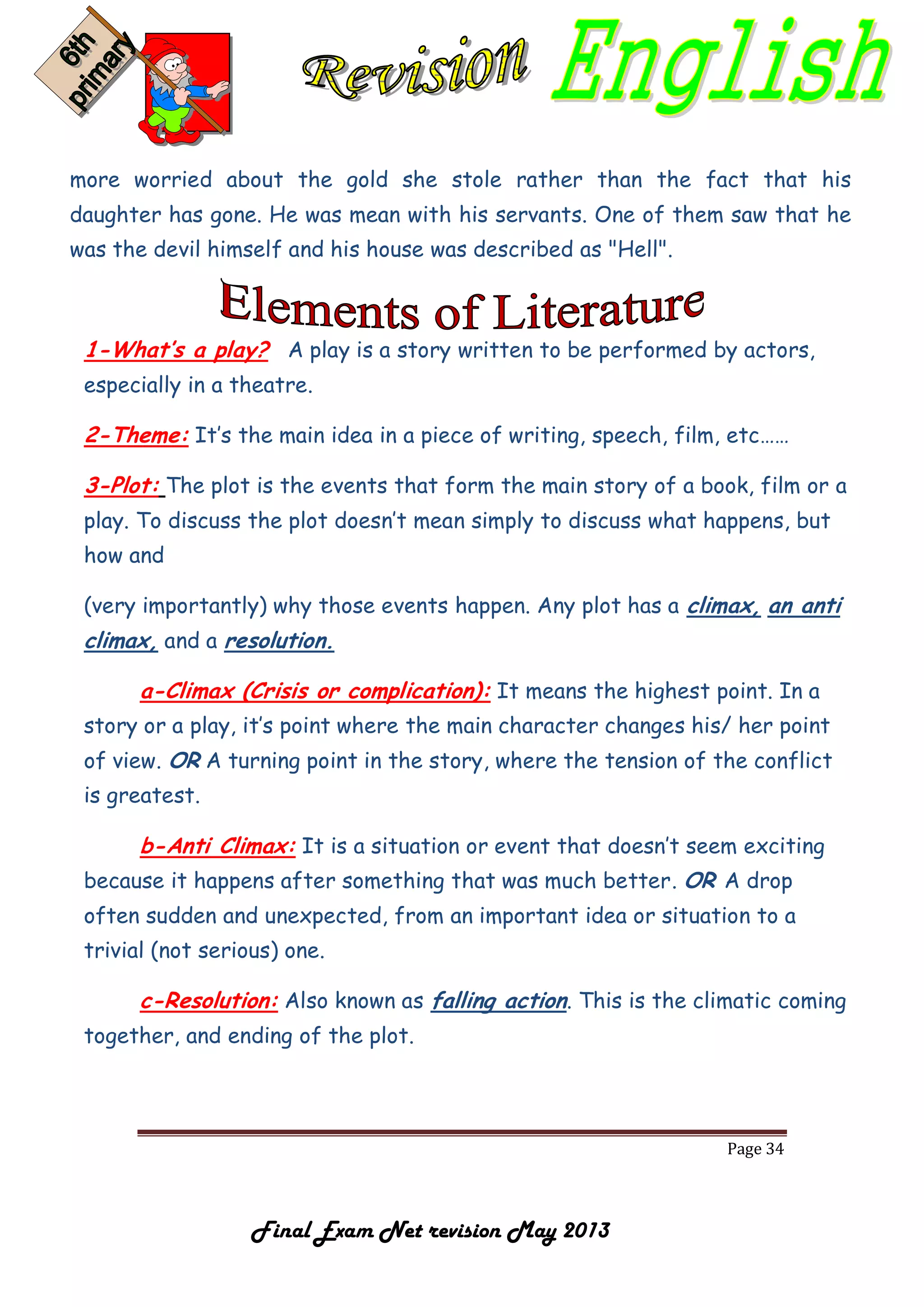 Page 34
Final Exam Net revision May 2013
more worried about the gold she stole rather than the fact that his
daughter has gone. He was mean with his servants. One of them saw that he
was the devil himself and his house was described as "Hell".
1-What’s a play? A play is a story written to be performed by actors,
especially in a theatre.
2-Theme: It’s the main idea in a piece of writing, speech, film, etc……
3-Plot: The plot is the events that form the main story of a book, film or a
play. To discuss the plot doesn’t mean simply to discuss what happens, but
how and
(very importantly) why those events happen. Any plot has a climax, an anti
climax, and a resolution.
a-Climax (Crisis or complication): It means the highest point. In a
story or a play, it’s point where the main character changes his/ her point
of view. OR A turning point in the story, where the tension of the conflict
is greatest.
b-Anti Climax: It is a situation or event that doesn’t seem exciting
because it happens after something that was much better. OR A drop
often sudden and unexpected, from an important idea or situation to a
trivial (not serious) one.
c-Resolution: Also known as falling action. This is the climatic coming
together, and ending of the plot.
 