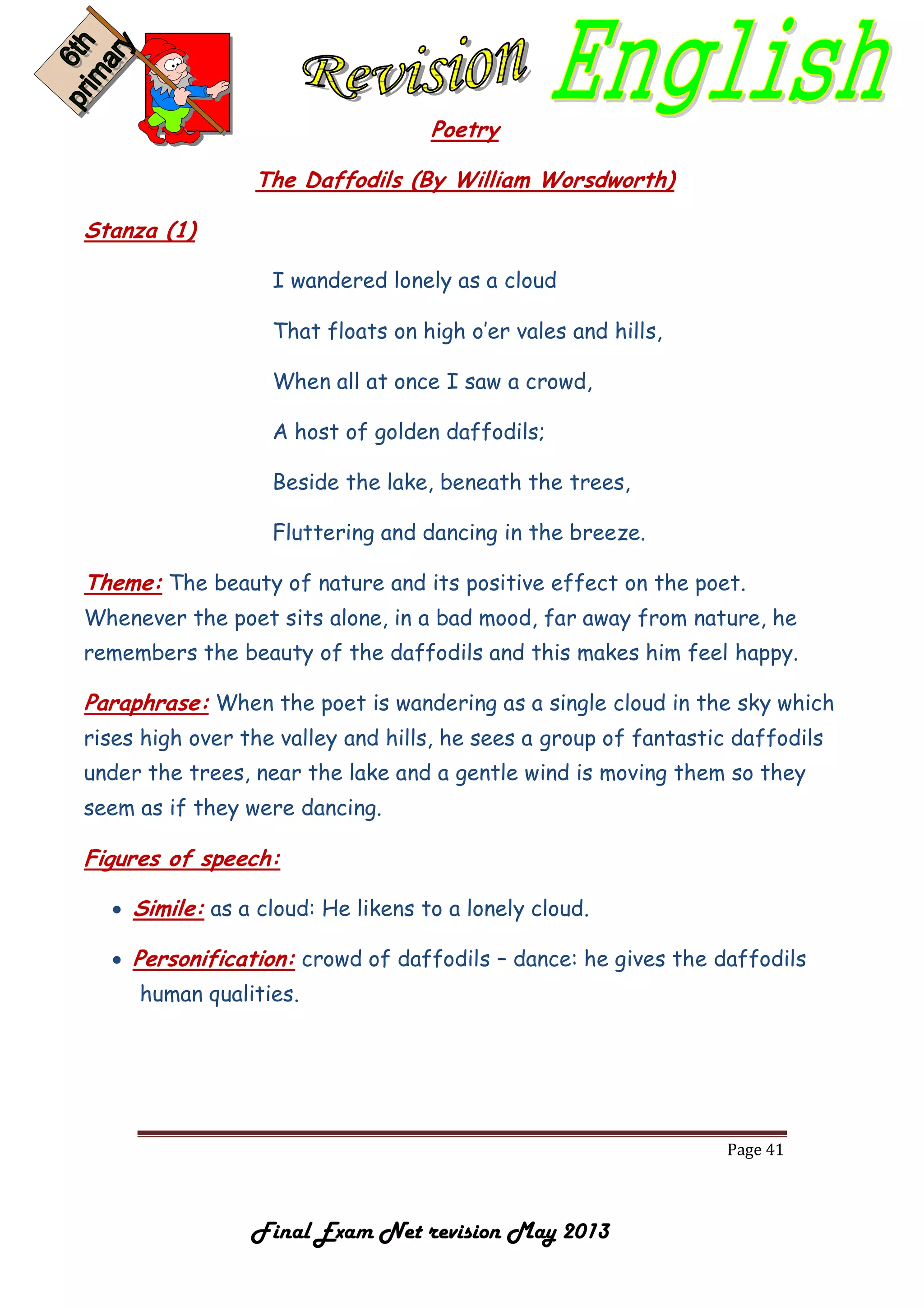 Page 41
Final Exam Net revision May 2013
Poetry
The Daffodils (By William Worsdworth)
Stanza (1)
I wandered lonely as a cloud
That floats on high o’er vales and hills,
When all at once I saw a crowd,
A host of golden daffodils;
Beside the lake, beneath the trees,
Fluttering and dancing in the breeze.
Theme: The beauty of nature and its positive effect on the poet.
Whenever the poet sits alone, in a bad mood, far away from nature, he
remembers the beauty of the daffodils and this makes him feel happy.
Paraphrase: When the poet is wandering as a single cloud in the sky which
rises high over the valley and hills, he sees a group of fantastic daffodils
under the trees, near the lake and a gentle wind is moving them so they
seem as if they were dancing.
Figures of speech:
 Simile: as a cloud: He likens to a lonely cloud.
 Personification: crowd of daffodils – dance: he gives the daffodils
human qualities.
 