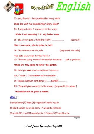 Page 22
Final Exam Net revision May 2013
13- Yes, she visits her grandmother every week.
Does she visit her grandmother every week?
14- I was watching T.V when my father came.
While I was watching T.V, my father came.
15- She is very pale I think she (faint) …………………… . [Correct]
She is very pale, she is going to faint
16- The thieves stole the safe. [begin with the safe]
The safe was stolen by the thieves
17- They are going to water the garden tomorrow. [ask a question]
When are they going to water the garden?
18- Have you ever seen an elephant? [Correct]
No, I haven’t, I have never seen an elephant .
19- Radwa has much confidence in ………herself…………… .
20- They will give a reward to the winner .[begin with the winner]
The winner will be given a reward.
Q(1) :
1) would grow (2) knew (3) stopped (4) would you do
5) would answer (6) would carry (7) would be (8) knew
9) would (10) tried (11) would write (12) heard (13) would write
 