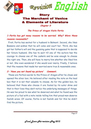 Page 27
Final Exam Net revision May 2013
Chapter 9
The Prince of Aragon Visits Portia
1-Portia has got many reasons to be worried. Why? Were these
reasons reasonable?
First, Portia has waited for a husband in Belmont. Second, she likes
Bassanio and wishes that he will come and court her. Third, she has
got her father’s will and the guessing game that is supposed to decide
her future husband. She has to wait till one of the suitors has the
courage to choose one of the caskets and be wise enough to choose
the right one. Then, she will have to marry him whether she liked him
or not. She even wondered if she would ever marry. Finally, I believe
that the reasons that made her worried were true & reasonable ones.
2- ‘Have you not found my picture’ Comment.
These are Portia’s words to the Prince of Aragon after he chose and
opened the silver box. He believed after reading the note on the lead
box that it is not that valuable to choose. As for the golden box, he
believed that those who choose it are fooled by its outer shine and
that in their lives they don’t notice the underlying messages of things.
He was too proud to see what he deserved and what he found was the
picture of a fool with a note inside telling him that proud men deserve
foolish wives. Of course, Portia is not foolish and for this he didn’t
find the picture.
 