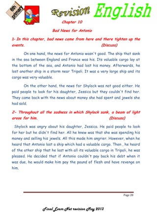 Page 28
Final Exam Net revision May 2013
Chapter 10
Bad News for Antonio
1- In this chapter, bad news came from here and there tighten up the
events. (Discuss)
On one hand, the news for Antonio wasn't good. The ship that sank
in the sea between England and France was his. Its valuable cargo lay at
the bottom of the sea, and Antonio had lost his money. Afterwards, he
lost another ship in a storm near Tripoli. It was a very large ship and its
cargo was very valuable.
On the other hand, the news for Shylock was not good either. He
paid people to look for his daughter, Jessica but they couldn't find her.
They came back with the news about money she had spent and jewels she
had sold.
2- Throughout all the sadness in which Shylock sank, a beam of light
arose for him. (Discuss)
Shylock was angry about his daughter, Jessica. He paid people to look
for her but he didn't find her. All he knew was that she was spending his
money and selling his jewels. All this made him angrier. However, when he
heard that Antonio lost a ship which had a valuable cargo. Then , he heard
of the other ship that he lost with all its valuable cargo in Tripoli, he was
pleased. He decided that if Antonio couldn't pay back his debt when it
was due, he would make him pay the pound of flesh and have revenge on
him.
 