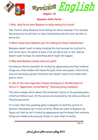 Page 36
Final Exam Net revision May 2013
Chapter 10
Bassanio Visits Portia
1-Why does Portia want Bassanio to delay making his choice?
She tried to delay Bassanio from making his choice because if he chooses
the wrong box he will have to leave immediately and will never be able to
marry her.
2-What reason does Bassanio give for making his choice immediately?
Bassanio doesn’t want to delay choosing the box because he is afraid to
love Portia more. He wants to know if he can marry her or not. Also he
doesn’t want to hope for something which might not happen.
3-Why does Bassanio choose lead over gold?
He believes that he shouldn’t be tricked by appearances and that ordinary
things are often hidden with beautiful gold, silver and jewels. Since Portia
is an extraordinary person therefore she doesn’t need to be hidden with
gold or silver.
4- One of the most important themes introduced in the Merchant of
Venice is “Appearance versus Reality”. (Discuss giving examples)
The best example which shows this statement clearly is the guessing game
in Portia’s father’s will. All the suitors are deceived by the shiny surface of
the precious metal.
It is clear that thus guessing game is designed to lead the suitors to
discover themselves not to marry Portia. When we come to Bassanio we
figure out that he isn’t tricked by appearances and he knows that ordinary
things are hidden with precious things to cover their triviality.
 