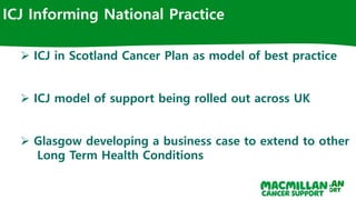 ICJ Informing National Practice
 ICJ in Scotland Cancer Plan as model of best practice
 ICJ model of support being rolled out across UK
 Glasgow developing a business case to extend to other
Long Term Health Conditions
 