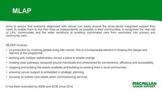 MLAP
Aims to ensure that everyone diagnosed with cancer can easily access the cross-sector integrated support they
need, to enable them to live their lives as independently as possible in their communities. It recognises the vital role
of LA’s, communities and the wider workforce at enabling coordinated care from secondary into primary and
community care.
MLAPP involves:
• co-production by involving people living with cancer: this is a fundamental element in shaping the design and
delivery of the programme.
• working with multiple stakeholders across a place to enable change
• creating clear pathways designed around individuals and streamlined for convenience, efficiency and accessibility
• mapping and building the assets available and building on existing links in local communities
• ensuring cancer support is embedded in strategic planning
• focusing on holistic care needs when commissioning services
It has been evaluated by SQW and SCIE since 2016
 