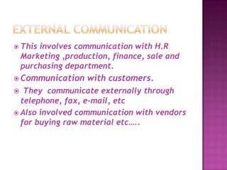  This involves communication with H.R
Marketing ,production, finance, sale and
purchasing department.
 Communication with customers.
 They communicate externally through
telephone, fax, e-mail, etc
 Also involved communication with vendors
for buying raw material etc…..
 