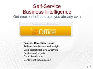 Self-Service
     Business Intelligence
Get more out of products you already own
             Business User Experience




      Familiar User Experience
      Self-service Access and Insight
      Data Exploration and Analysis
      Predictive Analysis
      Data Visualization
      Contextual Visualization

                                           |   9
 