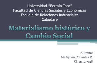 Universidad “Fermín Toro”
Facultad de Ciencias Sociales y Económicas
    Escuela de Relaciones Industriales
                Cabudare




                                         Alumna:
                           Ma Sylvia Collantes R.
                                    CI: 21125938
 