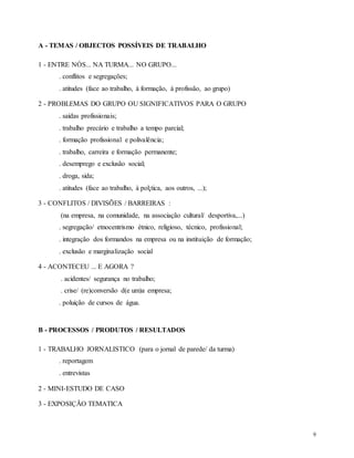 9
A - TEMAS / OBJECTOS POSSÍVEIS DE TRABALHO
1 - ENTRE NÓS... NA TURMA... NO GRUPO...
. conflitos e segregações;
. atitudes (face ao trabalho, à formação, à profissão, ao grupo)
2 - PROBLEMAS DO GRUPO OU SIGNIFICATIVOS PARA O GRUPO
. saídas profissionais;
. trabalho precário e trabalho a tempo parcial;
. formação profissional e polivalência;
. trabalho, carreira e formação permanente;
. desemprego e exclusão social;
. droga, sida;
. atitudes (face ao trabalho, à pol¡tica, aos outros, ...);
3 - CONFLITOS / DIVISÕES / BARREIRAS :
(na empresa, na comunidade, na associação cultural/ desportiva,...)
. segregação/ etnocentrismo étnico, religioso, técnico, profissional;
. integração dos formandos na empresa ou na instituição de formação;
. exclusão e marginalização social
4 - ACONTECEU ... E AGORA ?
. acidentes/ segurança no trabalho;
. crise/ (re)conversão d(e um)a empresa;
. poluição de cursos de água.
B - PROCESSOS / PRODUTOS / RESULTADOS
1 - TRABALHO JORNALISTICO (para o jornal de parede/ da turma)
. reportagem
. entrevistas
2 - MINI-ESTUDO DE CASO
3 - EXPOSIÇÃO TEMATICA
 