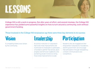 College Hill is still a work in progress. But after years of effort, and several missteps, the College Hill 
experience has yielded some powerful insights on how to turn around a community, even without 
government funding. 
Those involved in the College Hill renaissance say there were three key elements to its success: 
A compelling shared vision driven 
by the community. 
An anchor institution or corporation 
that funds initial improvements and 
incentivizes its employees to participate, 
a foundation partner that actively spurs 
progress and removes roadblocks, and 
pioneering private investors to bring 
those initial improvements to scale. 
Residents who are engaged and feel 
empowered. Corporations, foundations 
and the government can encourage 
that participation through transparency, 
constant communication and 
competitions. 
THE MAGIC OF COLLEGE HILL KNIGHTFOUNDATION.ORG 5 
 