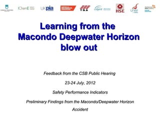 Learning from the
Macondo Deepwater Horizon
        blow out

         Feedback from the CSB Public Hearing

                    23-24 July, 2012

              Safety Performance Indicators

 Preliminary Findings from the Macondo/Deepwater Horizon
                        Accident
 