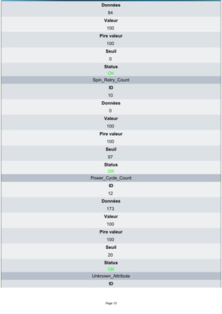 Données
       84
     Valeur
      100
   Pire valeur
      100
      Seuil
        0
     Status
      OK
Spin_Retry_Count
        ID
       10
    Données
        0
     Valeur
      100
   Pire valeur
      100
      Seuil
       97
     Status
       OK
Power_Cycle_Count
        ID
       12
    Données
      173
     Valeur
      100
   Pire valeur
      100
      Seuil
       20
     Status
      OK
Unknown_Attribute
        ID



      Page 10
 