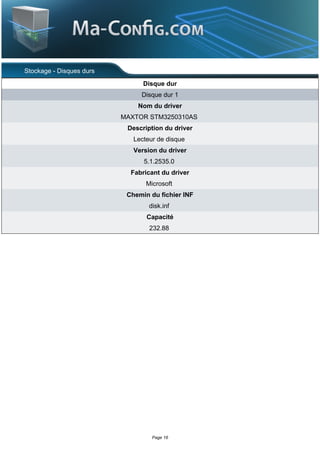 Stockage - Disques durs
                                Disque dur
                               Disque dur 1
                              Nom du driver
                          MAXTOR STM3250310AS
                           Description du driver
                             Lecteur de disque
                             Version du driver
                                5.1.2535.0
                            Fabricant du driver
                                 Microsoft
                           Chemin du fichier INF
                                  disk.inf
                                 Capacité
                                  232.88




                                   Page 16
 