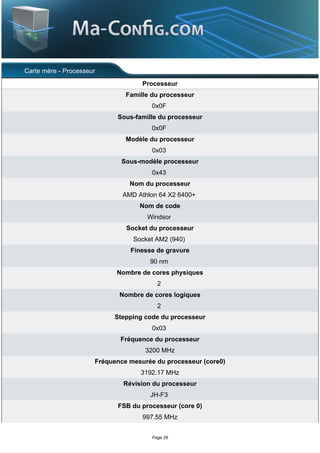 Carte mère - Processeur
                                    Processeur
                               Famille du processeur
                                       0x0F
                            Sous-famille du processeur
                                       0x0F
                               Modèle du processeur
                                       0x03
                             Sous-modèle processeur
                                       0x43
                                Nom du processeur
                              AMD Athlon 64 X2 6400+
                                   Nom de code
                                     Windsor
                               Socket du processeur
                                 Socket AM2 (940)
                                Finesse de gravure
                                      90 nm
                            Nombre de cores physiques
                                         2
                             Nombre de cores logiques
                                         2
                           Stepping code du processeur
                                       0x03
                             Fréquence du processeur
                                     3200 MHz
                      Fréquence mesurée du processeur (core0)
                                   3192.17 MHz
                              Révision du processeur
                                      JH-F3
                            FSB du processeur (core 0)
                                    997.55 MHz


                                       Page 26
 