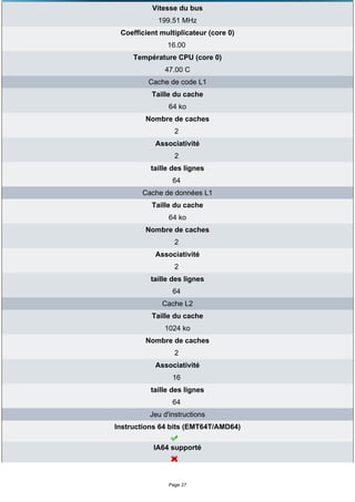 Vitesse du bus
            199.51 MHz
 Coefficient multiplicateur (core 0)
               16.00
     Température CPU (core 0)
              47.00 C
         Cache de code L1
          Taille du cache
                64 ko
        Nombre de caches
                  2
           Associativité
                  2
          taille des lignes
                 64
       Cache de données L1
          Taille du cache
                64 ko
        Nombre de caches
                  2
           Associativité
                  2
          taille des lignes
                 64
             Cache L2
          Taille du cache
              1024 ko
        Nombre de caches
                  2
           Associativité
                 16
          taille des lignes
                 64
          Jeu d'instructions
Instructions 64 bits (EMT64T/AMD64)

           IA64 supporté




                Page 27
 