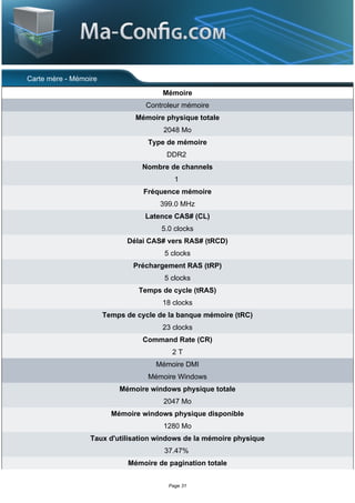 Carte mère - Mémoire
                                       Mémoire
                                  Controleur mémoire
                                Mémoire physique totale
                                       2048 Mo
                                   Type de mémoire
                                        DDR2
                                 Nombre de channels
                                           1
                                  Fréquence mémoire
                                      399.0 MHz
                                  Latence CAS# (CL)
                                       5.0 clocks
                             Délai CAS# vers RAS# (tRCD)
                                       5 clocks
                               Préchargement RAS (tRP)
                                       5 clocks
                                Temps de cycle (tRAS)
                                       18 clocks
                       Temps de cycle de la banque mémoire (tRC)
                                       23 clocks
                                  Command Rate (CR)
                                          2T
                                     Mémoire DMI
                                   Mémoire Windows
                           Mémoire windows physique totale
                                       2047 Mo
                         Mémoire windows physique disponible
                                       1280 Mo
                  Taux d'utilisation windows de la mémoire physique
                                       37.47%
                             Mémoire de pagination totale


                                         Page 31
 