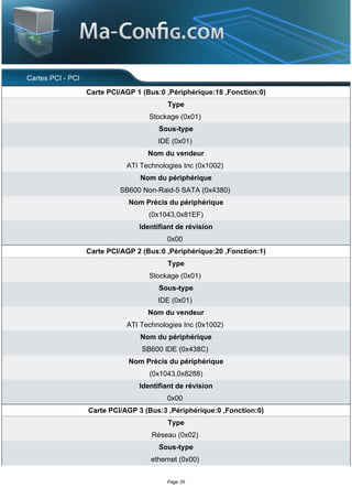 Cartes PCI - PCI
                   Carte PCI/AGP 1 (Bus:0 ,Périphérique:18 ,Fonction:0)
                                          Type
                                     Stockage (0x01)
                                        Sous-type
                                       IDE (0x01)
                                    Nom du vendeur
                              ATI Technologies Inc (0x1002)
                                  Nom du périphérique
                            SB600 Non-Raid-5 SATA (0x4380)
                               Nom Précis du périphérique
                                     (0x1043,0x81EF)
                                  Identifiant de révision
                                          0x00
                   Carte PCI/AGP 2 (Bus:0 ,Périphérique:20 ,Fonction:1)
                                          Type
                                     Stockage (0x01)
                                        Sous-type
                                       IDE (0x01)
                                    Nom du vendeur
                              ATI Technologies Inc (0x1002)
                                  Nom du périphérique
                                   SB600 IDE (0x438C)
                               Nom Précis du périphérique
                                     (0x1043,0x8288)
                                  Identifiant de révision
                                          0x00
                   Carte PCI/AGP 3 (Bus:3 ,Périphérique:0 ,Fonction:0)
                                          Type
                                     Réseau (0x02)
                                        Sous-type
                                     ethernet (0x00)


                                          Page 35
 