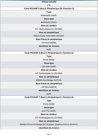 Vitesse actuelle
                             x16
    Carte PCI/AGP 5 (Bus:0 ,Périphérique:20 ,Fonction:2)
                            Type
                      Multimedia (0x04)
                          Sous-type
                      Multimedia (0x03)
                      Nom du vendeur
                ATI Technologies Inc (0x1002)
                    Nom du périphérique
              SBx00 Azalia (Intel HDA) (0x4383)
                 Nom Précis du périphérique
                       (0x1043,0x8290)
                    Identifiant de révision
                            0x00
     Carte PCI/AGP 6 (Bus:0 ,Périphérique:0 ,Fonction:0)
                            Type
                        Ponts (0x06)
                          Sous-type
                       pont hôte (0x00)
                      Nom du vendeur
                ATI Technologies Inc (0x1002)
                    Nom du périphérique
                 RS690 Host Bridge (0x7910)
                 Nom Précis du périphérique
                       (0x1043,0x82C8)
                    Identifiant de révision
                            0x00
     Carte PCI/AGP 7 (Bus:0 ,Périphérique:2 ,Fonction:0)
                            Type
                        Ponts (0x06)
                          Sous-type
                       pont PCI (0x04)
                      Nom du vendeur
                ATI Technologies Inc (0x1002)
                    Nom du périphérique
RS690 PCI to PCI Bridge (PCI Express Graphics Port 0) (0x7913)
                    Identifiant de révision


                            Page 37
 