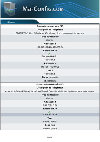 Réseau
                                 Connexion réseau sans fil 3
                                 Description de l'adaptateur
           SAGEM Wi-Fi 11g USB adapter #3 - Miniport d'ordonnancement de paquets
                                      Type d'adaptateur
                                           ethernet
                                         Adresse IP 1
                                 192.168.1.20(255.255.255.0)
                                        Réseau DHCP

                                       Serveur DHCP 1
                                         192.168.1.1
                                         Passerelle 1
                                     192.168.1.1(0.0.0.0)
                                            DNS 1
                                         192.168.1.1
                                       Bande passante
                                         11.00 Mbits/s
                                 Connexion au réseau local 3
                                 Description de l'adaptateur
Atheros L1 Gigabit Ethernet 10/100/1000Base-T Controller - Miniport d'ordonnancement de paquets
                                      Type d'adaptateur
                                           ethernet
                                         Adresse IP 1
                                        0.0.0.0(0.0.0.0)
                                        Réseau DHCP

                                        Carte PCI/AGP
                                             Type
                                        Réseau (0x02)
                                          Sous-type
                                        ethernet (0x00)



                                             Page 48
 