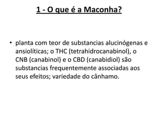 1 - O que é a Maconha?

• planta com teor de substancias alucinógenas e
ansiolíticas; o THC (tetrahidrocanabinol), o
CNB (canabinol) e o CBD (canabidiol) são
substancias frequentemente associadas aos
seus efeitos; variedade do cânhamo.

 