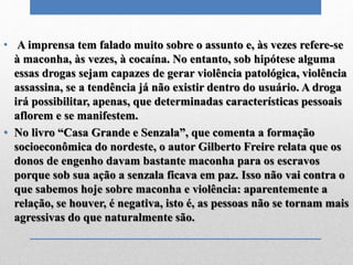 • A imprensa tem falado muito sobre o assunto e, às vezes refere-se
à maconha, às vezes, à cocaína. No entanto, sob hipótese alguma
essas drogas sejam capazes de gerar violência patológica, violência
assassina, se a tendência já não existir dentro do usuário. A droga
irá possibilitar, apenas, que determinadas características pessoais
aflorem e se manifestem.
• No livro “Casa Grande e Senzala”, que comenta a formação
socioeconômica do nordeste, o autor Gilberto Freire relata que os
donos de engenho davam bastante maconha para os escravos
porque sob sua ação a senzala ficava em paz. Isso não vai contra o
que sabemos hoje sobre maconha e violência: aparentemente a
relação, se houver, é negativa, isto é, as pessoas não se tornam mais
agressivas do que naturalmente são.
 