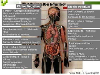 Efeitos Negativos       Efeitos Positivos
Cérebro – Alterações na bioquímica   Dor – Aumento da euforia,
Neuronal – Influem na atividade da   minimiza a
ACh central.                         Sensação de dor (tumores)
Alterações na concentração e no
Aprendizado de informações           Olhos – reduz a pressão
complexas – Memória deficiente       intraocular
                                     (glaucoma)
Coração – Aumento do débito e do
ritmo                                Espasticidade – melhora a
Assemelha-se ao estresse.            condição
                                     espasmódica pós trauma
Pulmões – muito irritante            medular
Câncer de pulmão, cabeça e pescoço   Estômago – melhora o
                                     apetite
Sexo – reduz o número e a
                                     Dos pacientes com perda de
qualidade dos espermas alterando
                                     peso,
sua mobilidade
                                     Câncer e AIDS
Vascularização – reduz o             Ação Antiemética – usado
volume                               em pacientes quimioterápicos
Sangüíneo para as
extremidades
- Causas de amputações

                                     Revista TIME – 4, Novembro 2002
 