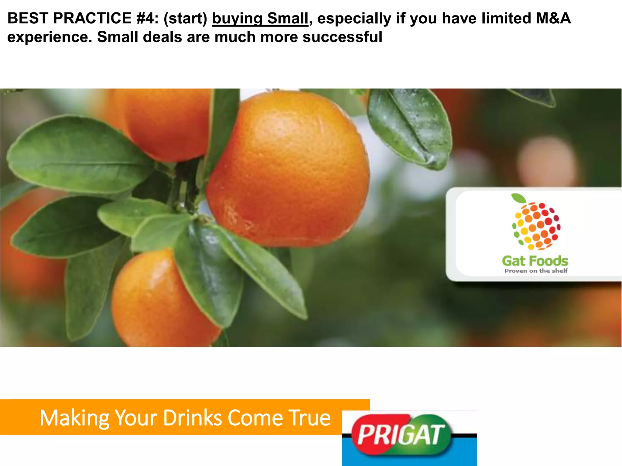 BEST PRACTICE #4: (start) buying Small, especially if you have limited M&A 
experience. Small deals are much more successful 
Making Your Drinks Come True 
 