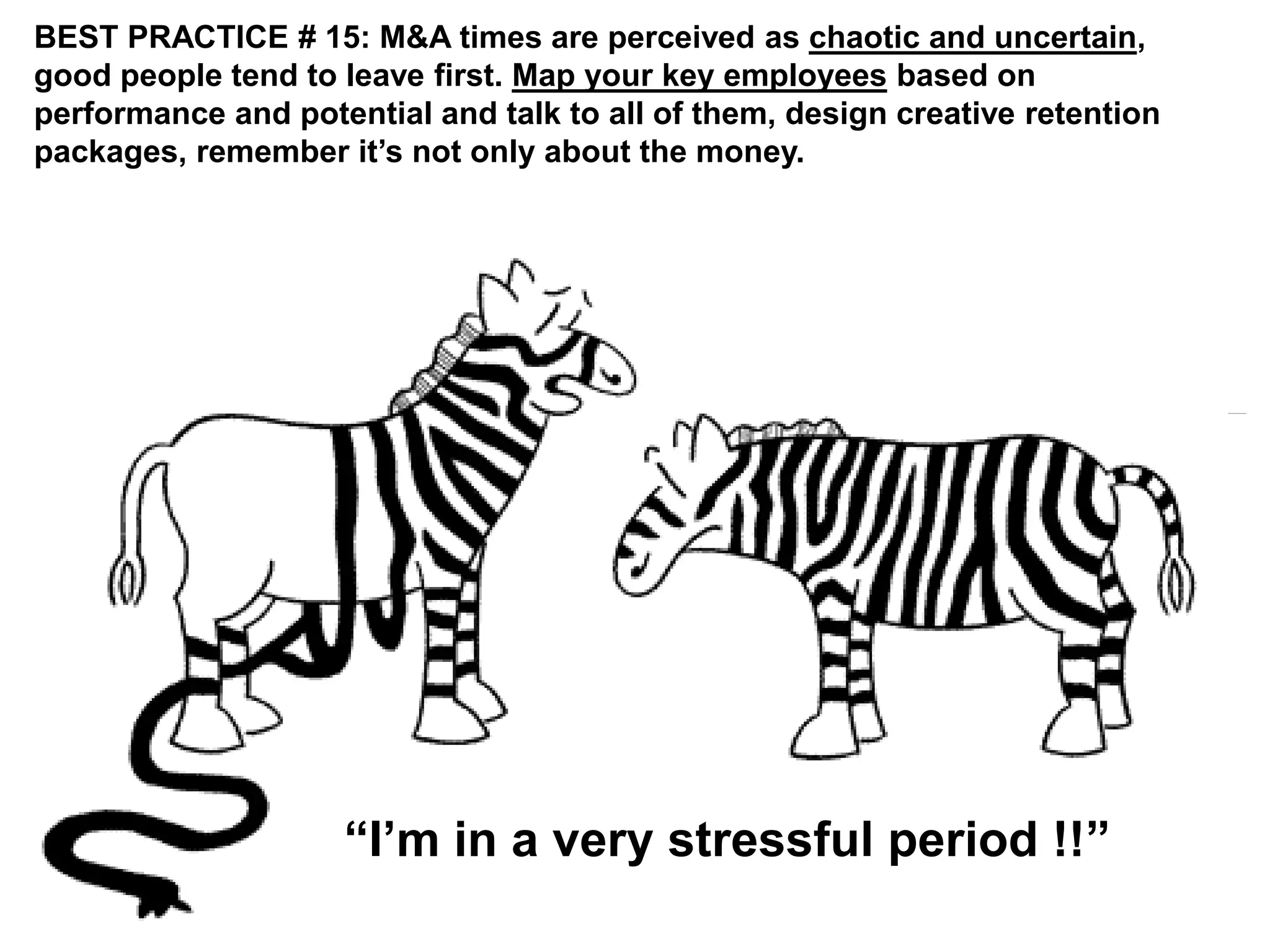 © 2008 
BEST PRACTICE # 15: M&A times are perceived as chaotic and uncertain, 
good people tend to leave first. Map your key employees based on 
performance and potential and talk to all of them, design creative retention 
packages, remember it’s not only about the money. 
“I’m in a very stressful period !!” 
 