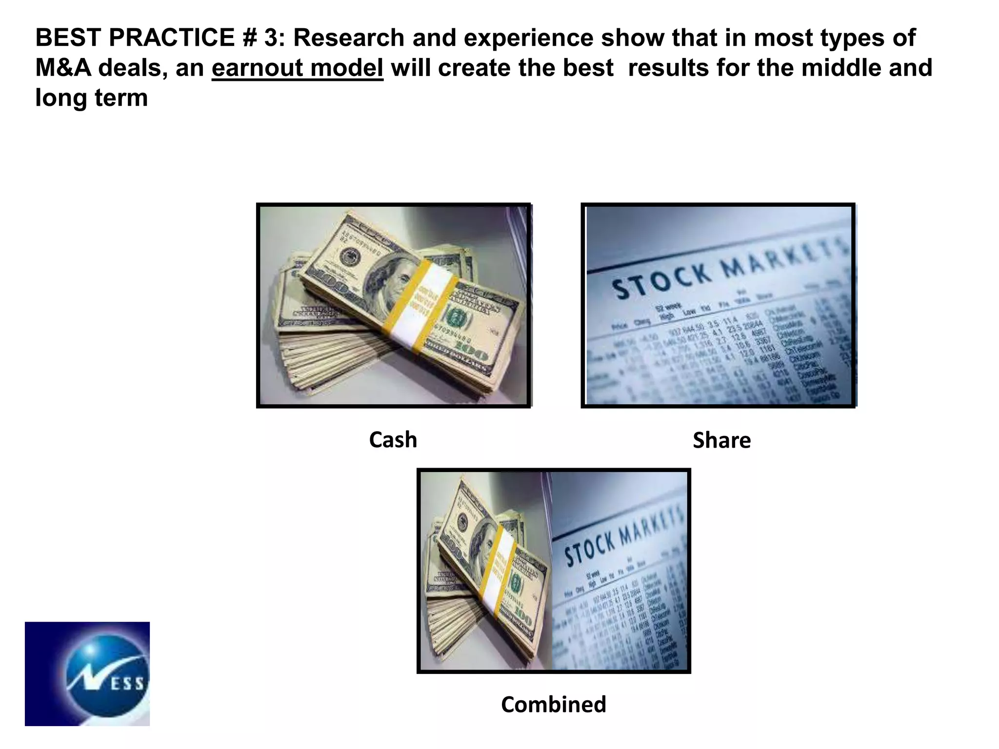 BEST PRACTICE # 3: Research and experience show that in most types of 
M&A deals, an earnout model will create the best results for the middle and 
long term 
Cash Share 
Combined 
 
