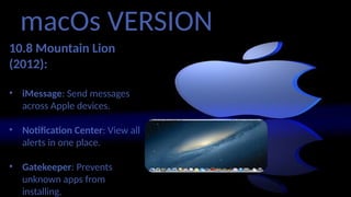 macOs VERSION
10.8 Mountain Lion
(2012):
• iMessage: Send messages
across Apple devices.
• Notification Center: View all
alerts in one place.
• Gatekeeper: Prevents
unknown apps from
installing.
 