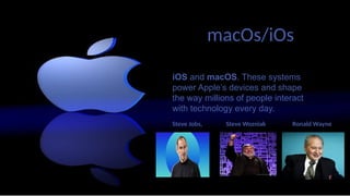 macOs/iOs
iOS and macOS. These systems
power Apple’s devices and shape
the way millions of people interact
with technology every day.
Steve Jobs, Steve Wozniak Ronald Wayne
 