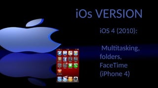 iOS 4 (2010):
Multitasking,
folders,
FaceTime
(iPhone 4)
iOs VERSION
 