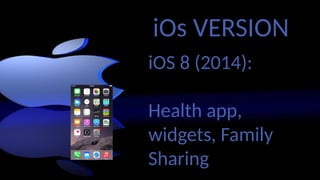 iOs VERSION
iOS 8 (2014):
Health app,
widgets, Family
Sharing
 