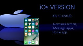 iOs VERSION
iOS 10 (2016):
New lock screen,
iMessage apps,
Home app
 