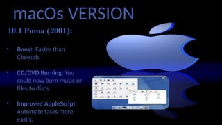 macOs VERSION
10.1 Puma (2001):
• Performance
• Boost: Faster than
Cheetah.
• CD/DVD Burning: You
could now burn music or
files to discs.
• Improved AppleScript:
Automate tasks more
easily.
 