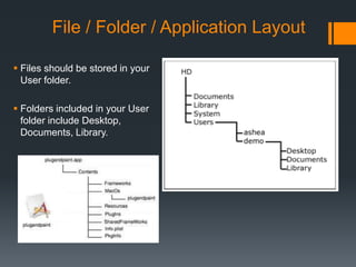 File / Folder / Application Layout
 Files should be stored in your
User folder.
 Folders included in your User
folder include Desktop,
Documents, Library.
 