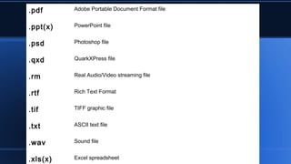 .pdf Adobe Portable Document Format file
.ppt(x) PowerPoint file
.psd Photoshop file
.qxd QuarkXPress file
.rm Real Audio/Video streaming file
.rtf Rich Text Format
.tif TIFF graphic file
.txt ASCII text file
.wav Sound file
.xls(x) Excel spreadsheet
 