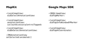 MapKit Google Maps SDK 
-(void)mapView: 
didSelectAnnotationView: 
-(BOOL)mapView: 
didTapMarker: 
-(void)mapView: 
annotationView: 
calloutAccessoryControlTapped: 
-(void)mapView: 
didTapInfoWindowOfMarker 
-(void)mapView: 
didDeSelectAnnotationView: 
-(void)mapView: 
didTapAtCoordinate: 
-[MKAnnotationView 
setSelected:animated:] 
 