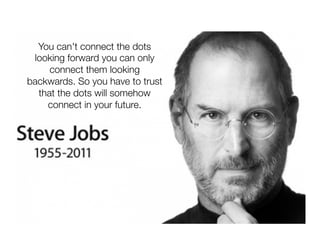 You can't connect the dots
 looking forward you can only
     connect them looking
backwards. So you have to trust
  that the dots will somehow
    connect in your future. 
 