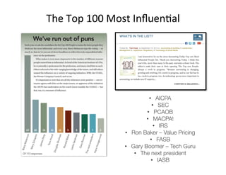 The	
  Top	
  100	
  Most	
  InﬂuenAal	
  




                                   •  AICPA
                                    •  SEC
                                 •  PCAOB
                                 •  MACPA!
                                     •  IRS
                        •  Ron Baker – Value Pricing
                                   •  FASB
                        •  Gary Boomer – Tech Guru
                            •  The next president
                                    •  IASB
 