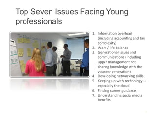 Top Seven Issues Facing Young
professionals
                   1.  InformaAon	
  overload	
  
                       (including	
  accounAng	
  and	
  tax	
  
                       complexity)	
  
                   2.  Work	
  /	
  life	
  balance	
  
                   3.  GeneraAonal	
  issues	
  and	
  
                       communicaAons	
  (including	
  
                       upper	
  management	
  not	
  
                       sharing	
  knowledge	
  with	
  the	
  
                       younger	
  generaAon)	
  
                   4.  Developing	
  networking	
  skills	
  
                   5.  Keeping	
  up	
  with	
  technology	
  -­‐-­‐	
  
                       especially	
  the	
  cloud	
  
                   6.  Finding	
  career	
  guidance	
  
                   7.  Understanding	
  social	
  media	
  
                       beneﬁts	
  

                                                                      7
 