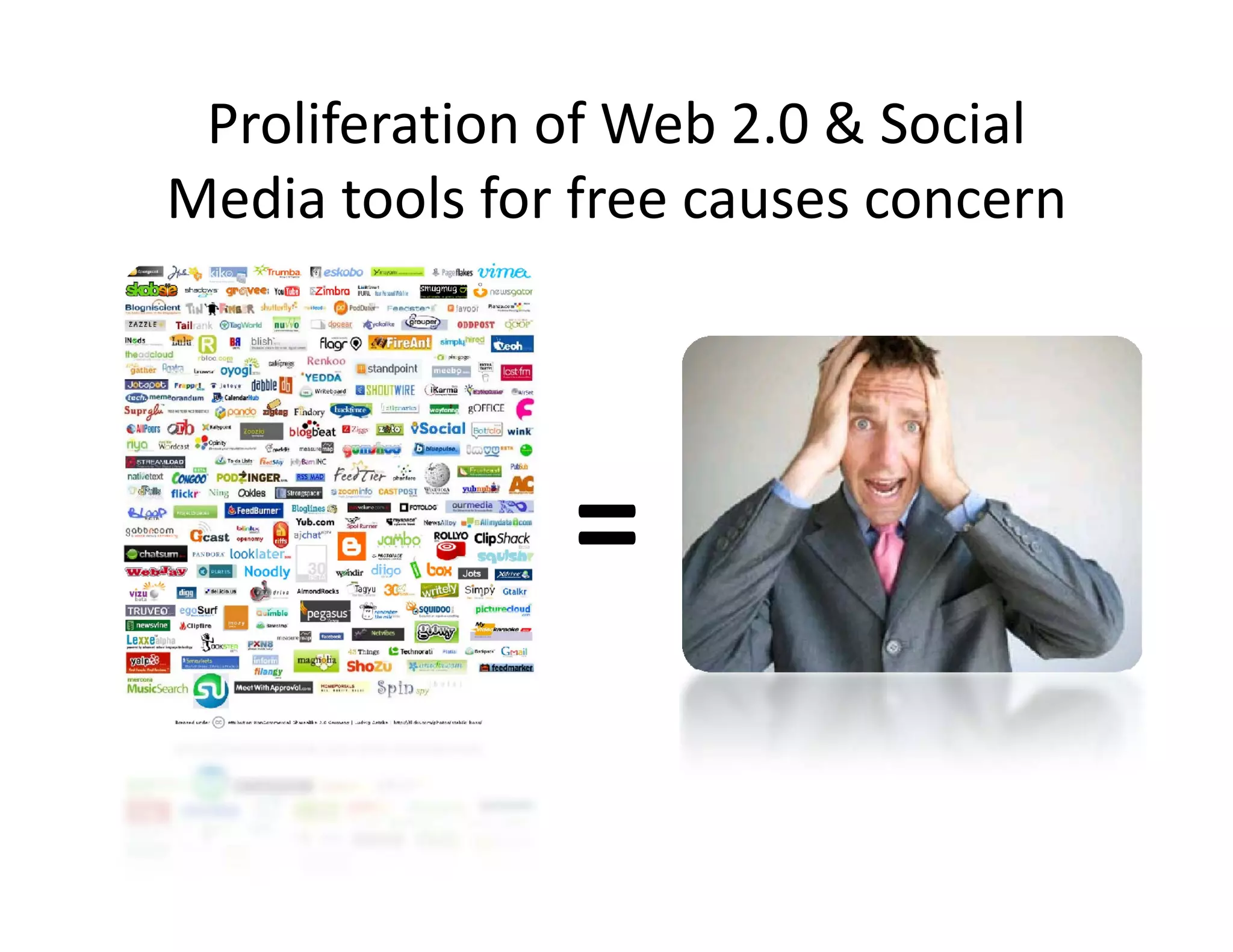 Proliferation of Web 2.0 & Social 
   d      l f f
Media tools for free causes concern




               =
 