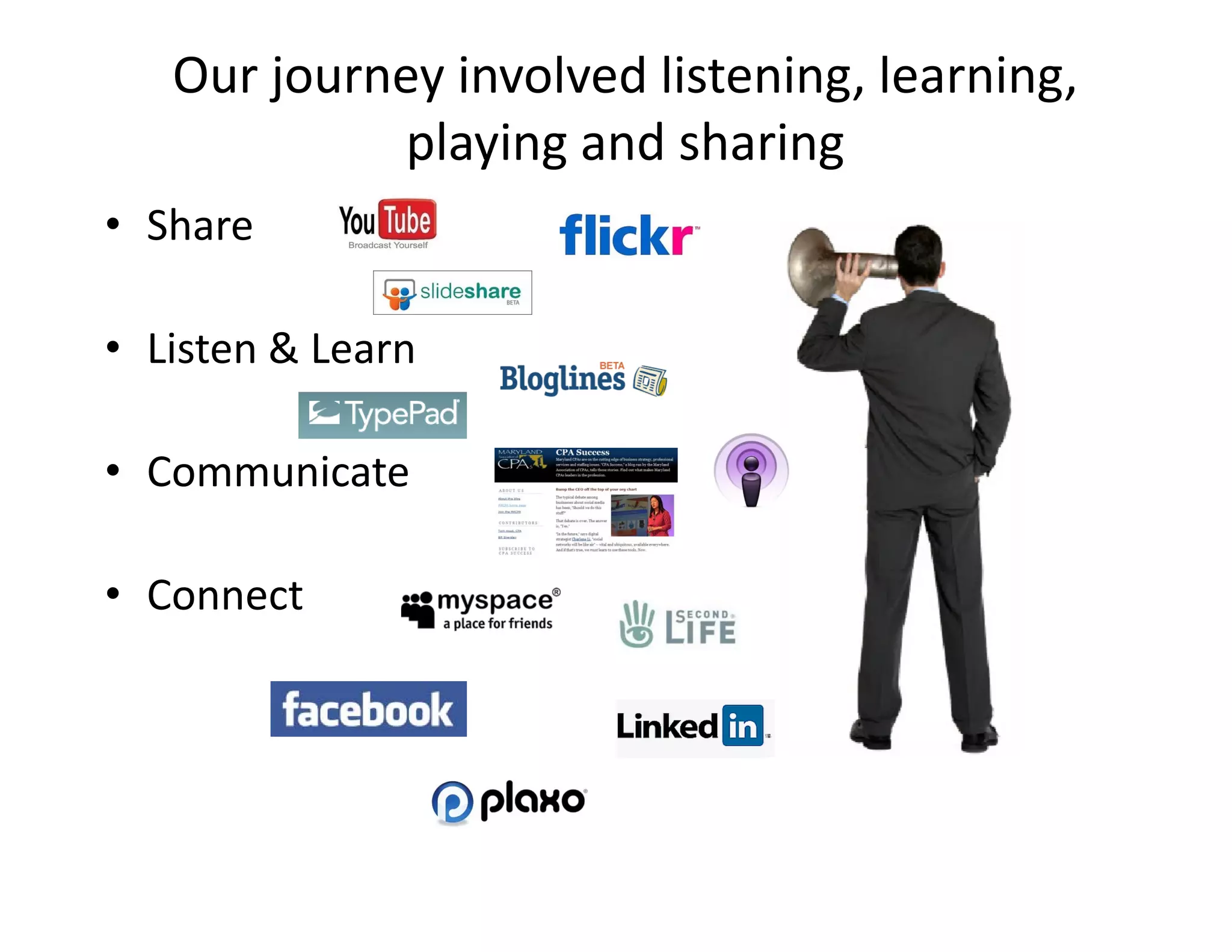 Our journey involved listening, learning, 
             playing and sharing
• Share

• Listen & Learn

• Communicate

• Connect
 